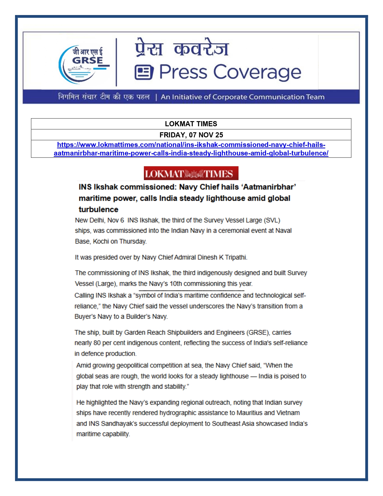   Press Coverage: 07 Nov 25: MILLENNIUM POST   